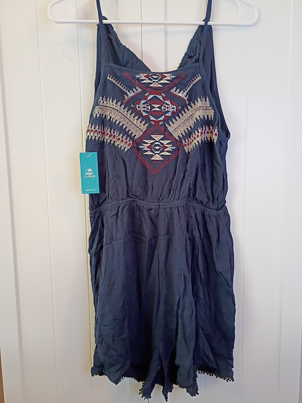 Cupshe Navy Embroidered Strappy Mini Romper